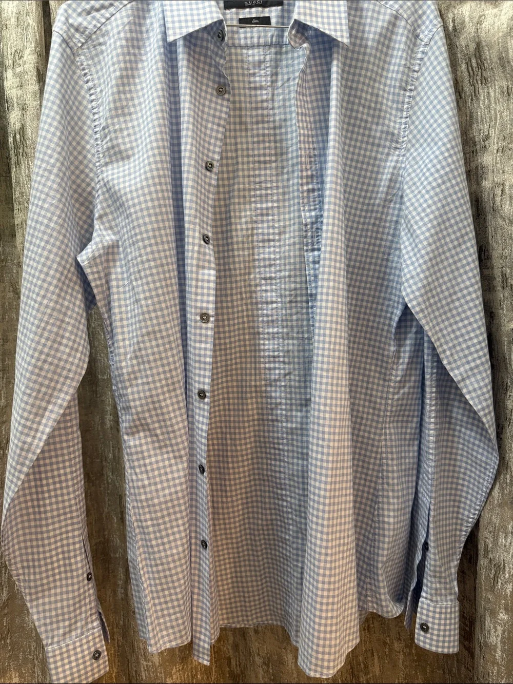 Gucci Light Blue and White Gingham Slim Dress Shirt
